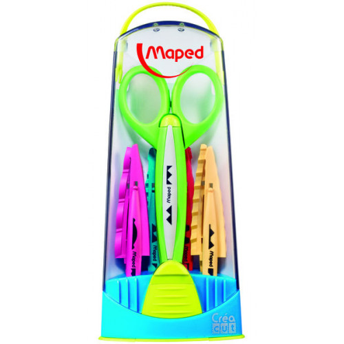 Blister con una tijera maped de 16 cm. para recorte creativo + 5 cuchillas + 1 folleto creativo.