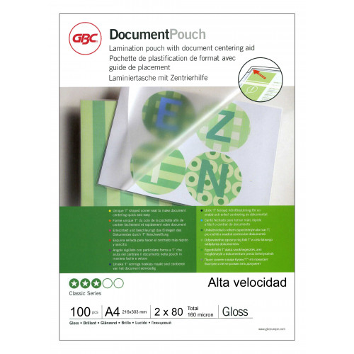Funda para plastificar gbc alta velocidad, 80 micras en formato Din A-4, caja de 100 uds.
