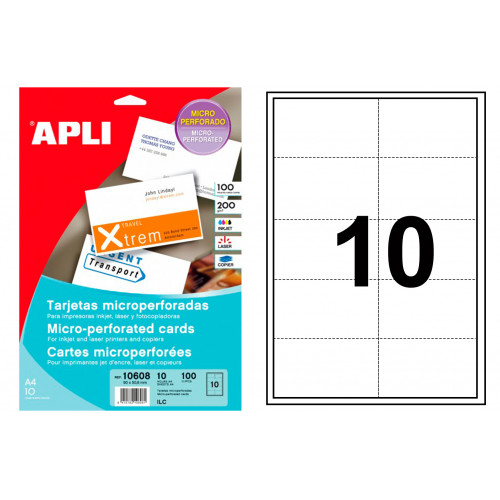 Tarjetas de visita microperforadas, cantos rectos apli, 200 grs/m². 90x50,8 mm. blanco, carpeta de 10 hojas din a4