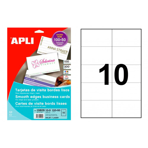 Tarjetas de visita apli bordes lisos, cantos rectos, mate profesional, 200 grs/m². 89x51 mm. carpeta de 15 hojas din a4