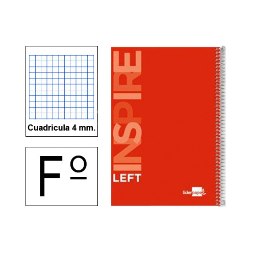 Cuaderno espiral tapa dura liderpapel serie inspire para zurdos en formato fº, 80 hj. 60 grs. 4x4 c/m. 8 colores surtidos.