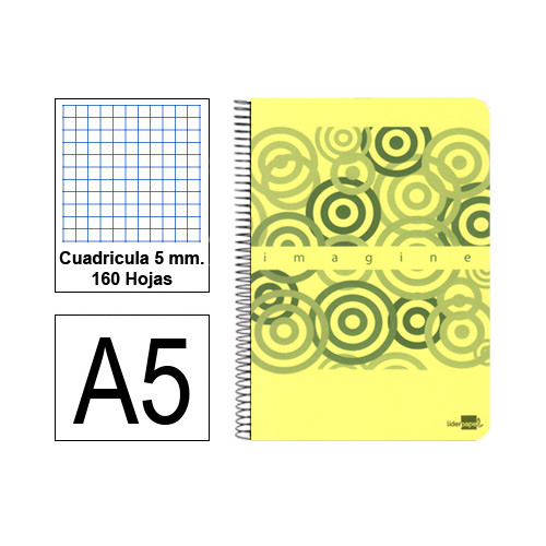 Cuaderno espiral tapa de plástico liderpapel serie imagine en formato din a-5, 160 hj. 60 grs. 5x5 c/m. 6 taladros.