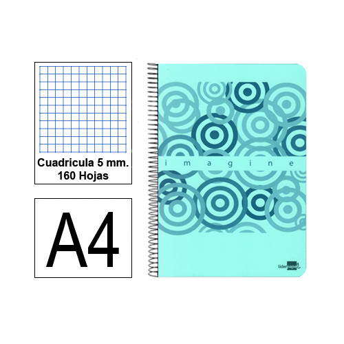 Cuaderno espiral tapa de plástico liderpapel serie imagine en formato din a-4, 160 hj. 60 grs. 5x5 c/m. 4 taladros.