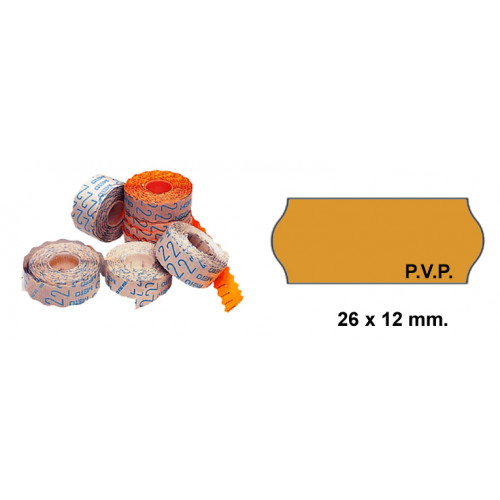 Etiqueta ondulada p.v.p. para etiquetadoras meto, 1 línea, 26x12 mm. rollo de 1.500 uds. flúor naranja