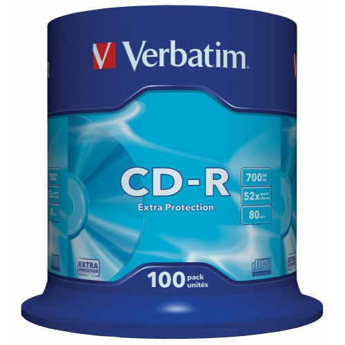 Cd-r verbatim 700 mb 52x 80 min superficie extra protection, 100 pack spindle.
