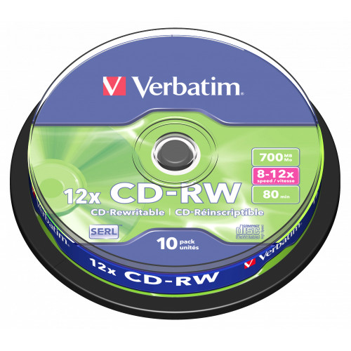 Cd-rw verbatim serl 700 mb 8-12x 80 min superficie scratch resistant, 10 pack spindle.