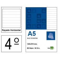 Bloc de notas, lomo encolado, perforado, con tapa liderpapel, 4º, 80 hj. 60 grs/m². rayado horizontal 8 mm. s/m.