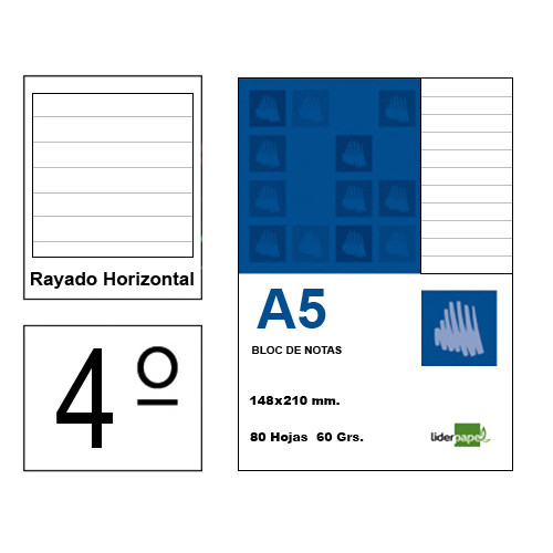 Bloc de notas, lomo encolado, perforado, con tapa liderpapel, 4º, 80 hj. 60 grs/m². rayado horizontal 8 mm. s/m.