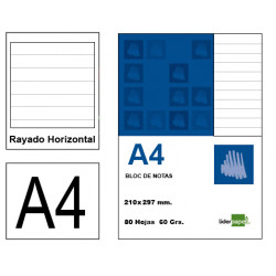 Bloc de notas, lomo encolado, perforado, con tapa liderpapel en formato a-4, 80 hj. 60 grs/m². rayado horizontal s/m.