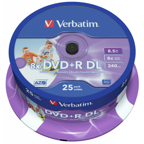 Dvd+r dl verbatim azo 8.5 gb 8x 240 min superficie wide ink-jet printable, 25 pack spindle.