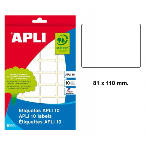 Etiqueta blanca de escritura manual cantos romos apli 10, 81x110 mm. blíster de 10 hojas