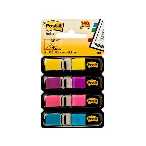 Marcapáginas 3m post-it index, 11,9x43,1 mm. amarillo, azul, rosa y violeta brillantes, dispensador de 4x35 uds.