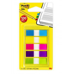 Marcapáginas post-it index, 11,9x43,2 mm. amarillo, azul, rosa, verde y violeta brillantes, dispensador de 5x20 uds.