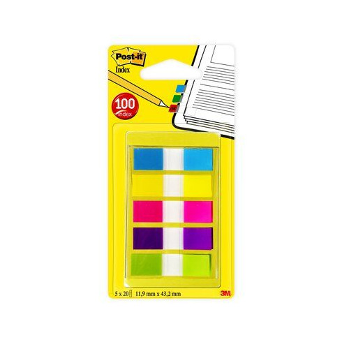 Marcapáginas post-it index, 11,9x43,2 mm. amarillo, azul, rosa, verde y violeta brillantes, dispensador de 5x20 uds.