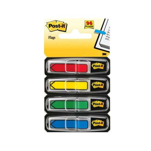Flechas 3m post-it index, 11,9x43,1 mm. amarillo, azul, rojo y verde, dispensador de 4x24 uds.