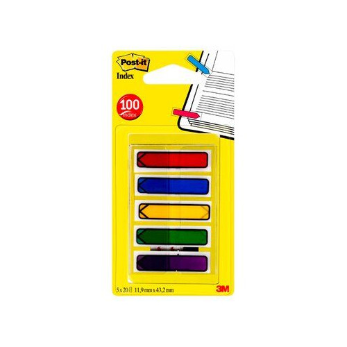 Flechas 3m post-it index, 11,9x43,1 mm. amarillo, azul, rojo, verde y violeta, dispensador de 5x20 uds.