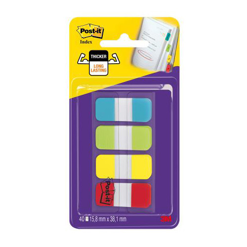 Marcapáginas 3m post-it index rígidos, 15,8x38,1 mm. amarillo, azul, lima y rojo, dispensador de 10x4 uds.