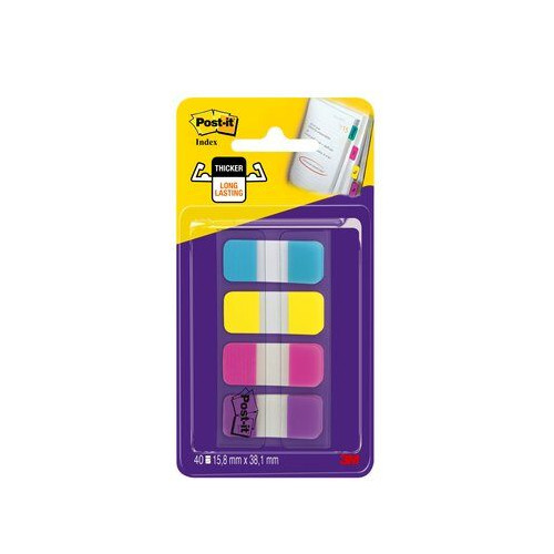 Marcapáginas 3m post-it index rígidos, 15,8x38,1 mm. amarillo, azul, rosa y violeta, dispensador de 10x4 uds.