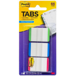 Marcapáginas 3m post-it index rígidos, 25,4x38,1 mm. blanco con franja azul, rojo y verde, dispensador de 3x22 uds.
