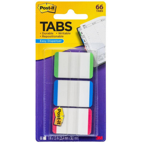 Marcapáginas 3m post-it index rígidos, 25,4x38,1 mm. blanco con franja azul, rojo y verde, dispensador de 3x22 uds.