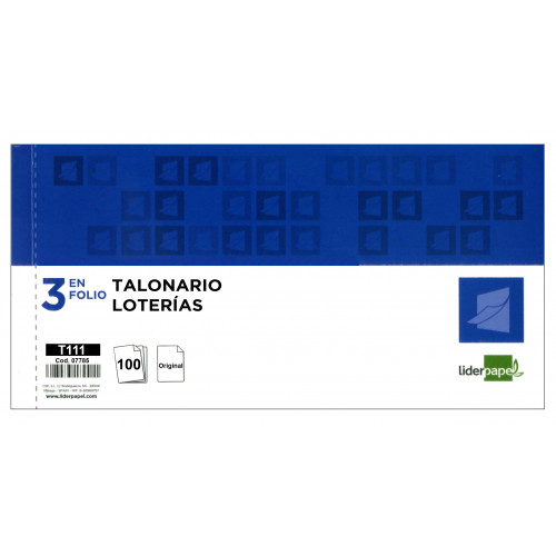 Talonario loteria nacional original con matriz liderpapel, 3 en folio apaisado, 205x102 mm.