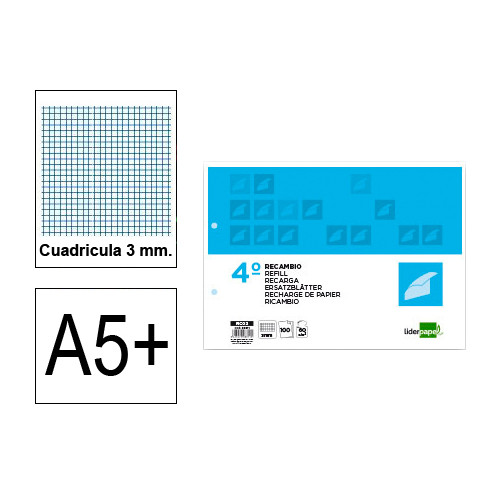 Recambio de anillas con 2 taladros liderpapel, 4º apaisado, 100 hj. 60 grs/m². 3x3 c/m.