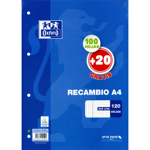 Recambio de anillas con 4 taladros oxford en formato din a-4, 100+20 hj. 90 grs. 4x4, c/m.