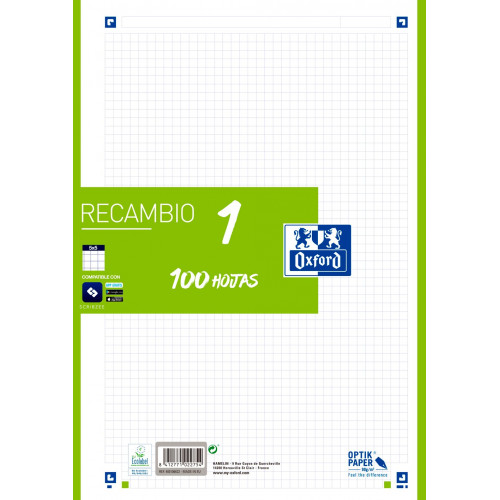 Recambio de anillas con 4 taladros oxford en formato din a-4, 100 hj. 90 grs. 5x5, s/m. color de banda verde.