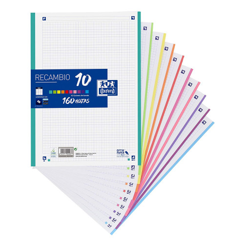 Recambio de anillas con 4 taladros oxford, din a4, 160 hj. 90 grs/m². 5x5, s/m. 10 colores de banda