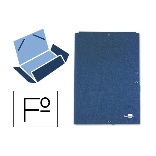 Carpeta de gomas con 3 solapas en cartón entrecolado liderpapel en formato folio, color azul.
