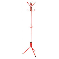 Perchero metálico de pie q-connect, 8 colgadores y ganchos portabolsos, 51x173 cm. rojo
