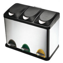 Contenedor en acero inoxidable con tapa y pedal q-connect, 3 compartimentos, 60,5x34x48,5 cm. 45 litros.