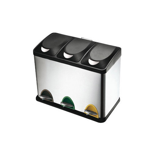 Contenedor en acero inoxidable con tapa y pedal q-connect, 3 compartimentos, 60,5x34x48,5 cm. 45 litros.