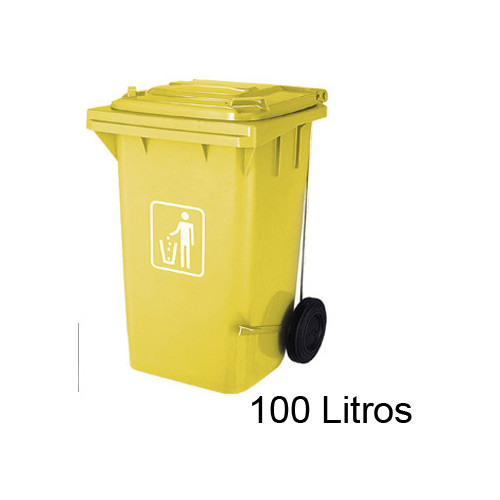 Contenedor de basura con tapa y ruedas q-connect, plástico y envases, 37x47x75 cm. 100 litros. amarillo