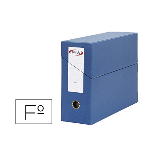 Caja de transferencia horizontal en cartón compacto pardo, folio, lomo 115 mm. azul