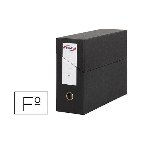 Caja de transferencia horizontal en cartón compacto pardo, folio, lomo 115 mm. negro