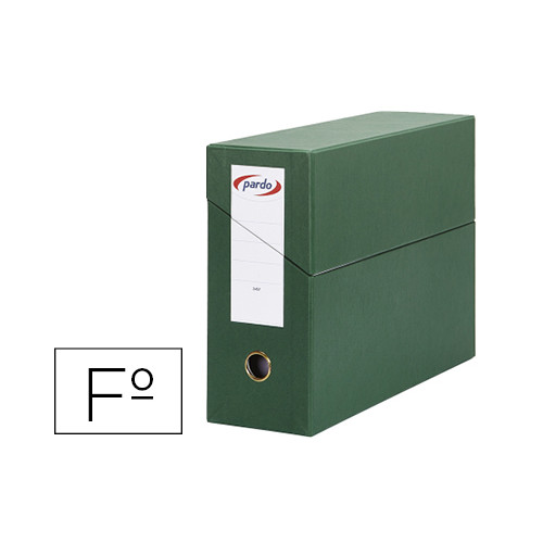 Caja de transferencia horizontal en cartón compacto pardo, folio, lomo 115 mm. verde