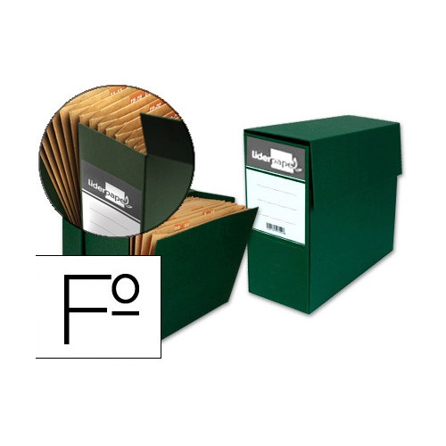 Caja de transferencia horizontal con fuelle en cartón compacto liderpapel, folio, lomo 110 mm. verde