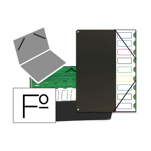 Carpeta clasificador de cartón forrada en p.v.c. de fuelle con 9 departamentos pardo en folio de color negro.