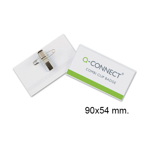 Identificador personal en pvc con imperdible y pinza metálica q-connect de 90x54 mm.