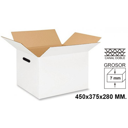 Caja para embalar con asas - americana, canal doble de 7 mm. q-connect, 450x375x280 mm. blanco