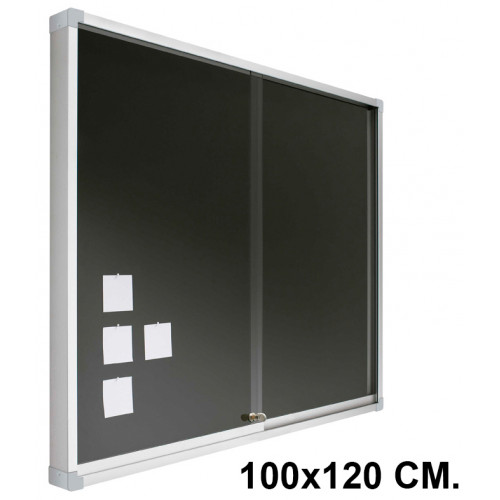Vitrina de anuncios con fondo de corcho tapizado y marco de aluminio planning sisplamo de 100x120 cm.