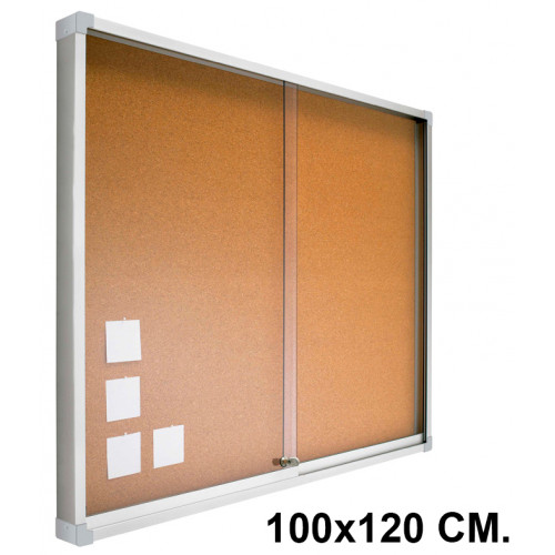 Vitrina de anuncios con fondo de corcho natural y marco de aluminio planning sisplamo de 100x120 cm.
