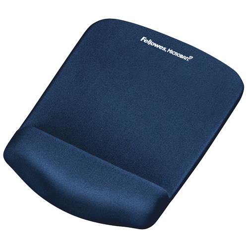 Alfombrilla con reposamuñecas para ratón fellowes memory foam fusion plushtouch en color azul.