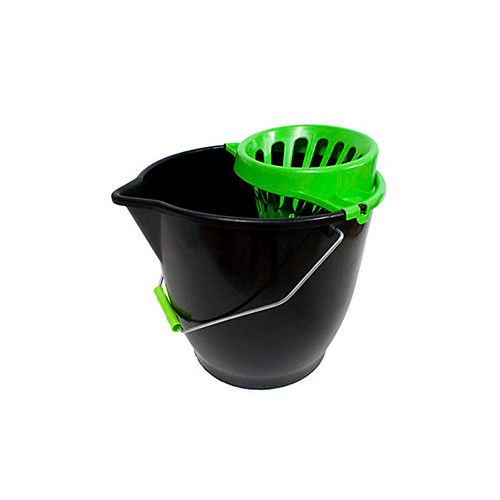 Cubo de fregona con escurridor, 13 litros, negro/verde
