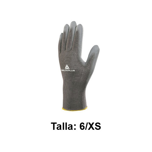 Guantes de protección deltaplus, 100% poliéster / palma de poliuretano, talla 6/xs, gris