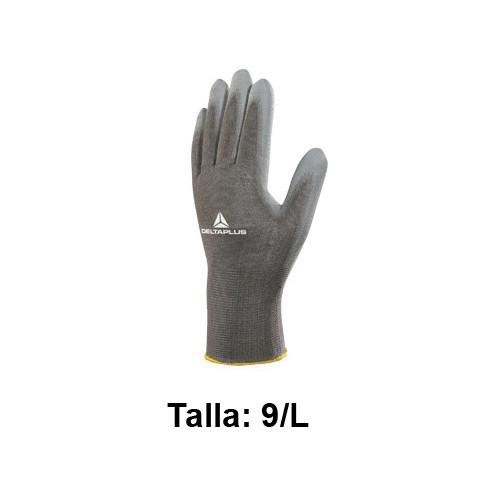 Guantes de protección deltaplus, 100% poliéster / palma de poliuretano, talla 9/l, gris