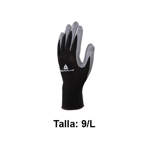Guantes de protección deltaplus, 100% tejido de poliéster / palma de nitrilo, talla 9/l, negro/gris