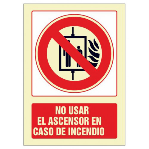 Pictograma de señalización en pvc fotoluminiscente syssa, 210x297 mm. no usar el ascensor en caso de incendio