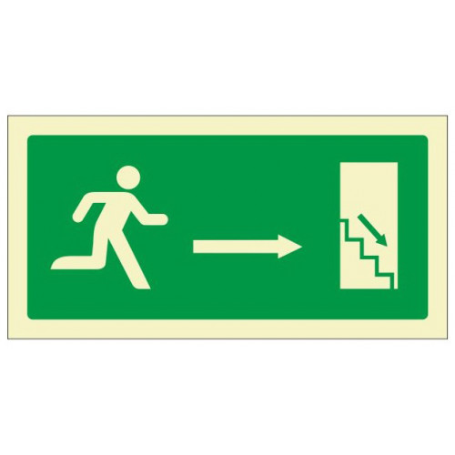 Pictograma de señalización en pvc fotoluminiscente syssa, 320x160 mm. salida de emergencia flecha derecha bajando